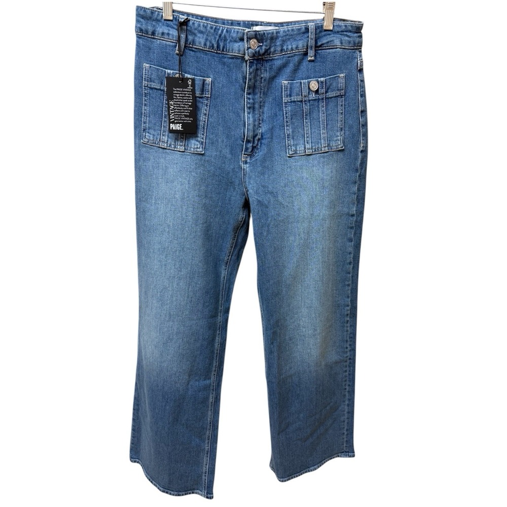 PAIGE Anessa Wide Leg Jeans Sz 32 Paley Wash Patch Pocket High Rise NWT Denim - Picture 2 of 16